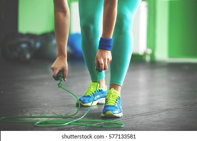 Young Fit Woman Is Taking Jumping Rope.