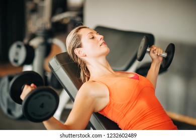 Young Fit Woman Working Out With Dumbells In Gym Class, Healthy Sport Life