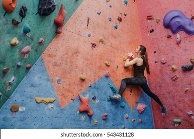 Young fitness woman doing professional bouldering in climbing gym indoors