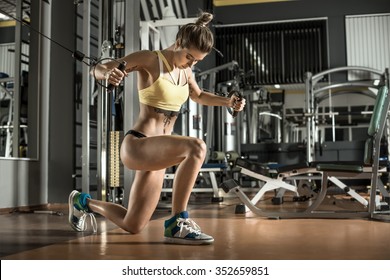 young fitness woman execute exercise with exercise-machine Cable Crossover in gym, horizontal photo - Shutterstock ID 352659851