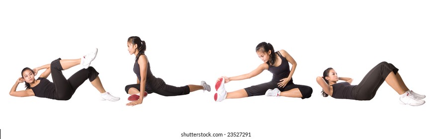 Young fitness woman in exercise poses, isolated on white