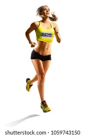 Young Fitness Woman Runner Isolated At White