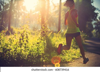 Young fitness woman running at morning tropical forest trail 