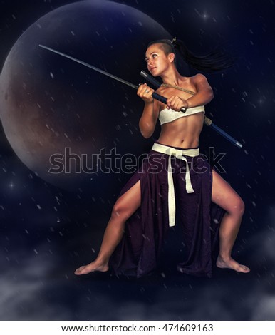 Young flexible girl in the image of the Japanese warrior sword on a mystical  background. The picture is drawn with digital painting.