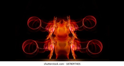 Young Flexible Girl Isolated On Red Studio Background. Little Flexible Girl Isolated On Black Studio Background. Fire Flames, Reflection, Strobe Light Effect. Grace In Motion, Sport, Action. Flyer