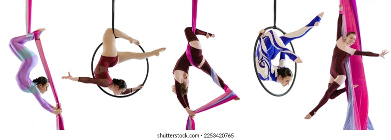 Young flexible girls, professional air gymnasts, fly yoga on hoop and ribbons isolated on white background. Concept of sport, action, lifestyle, beauty, hobby. Collage, banner