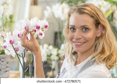 Young florist with an orchid in her shop
