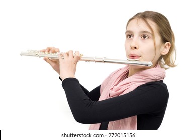 Young Flute Player Performing Indoors Against White Background