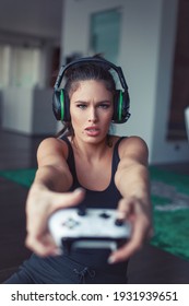 Young Focused Gamer Woman Playing On Console Video Game, Selective Focus