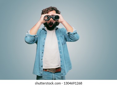 young fool man with a binoculars
