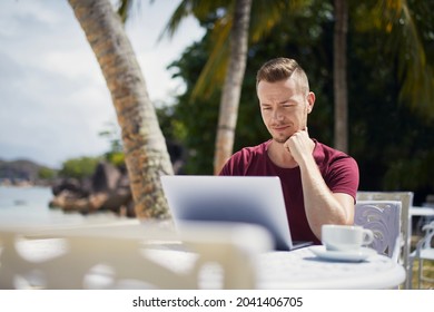 Young freelancer working on laptop from tropical destination. Man sitting under palm trees on beach. 