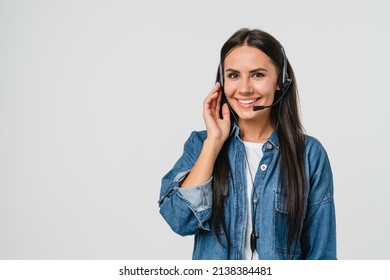 Young Friendly Caucasian Woman IT Support Customer Support Agent Hotline Helpline Worker In Headset Looking At Camera While Assisting Customer Client Isolated In White Background