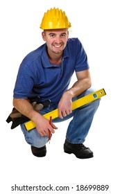 Young Friendly Crouch Manual Worker Isolated On White