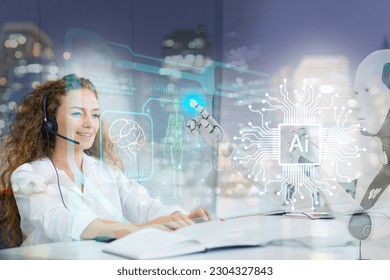 Young friendly operator woman agent with headsets working  by virsual screen with AI  ,business woman smile  concept for service mind in call center,Help desk,Call center.