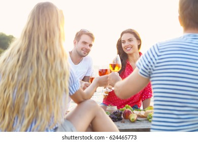 Young Friends Drinking Rose Wine On Summer Beach Picnic