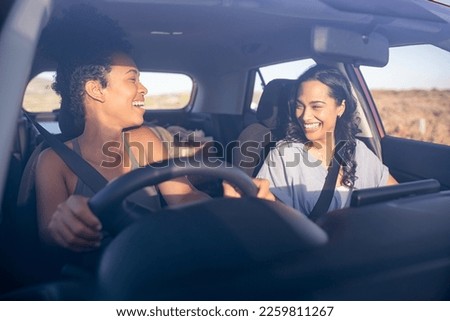 Similar – Image, Stock Photo Two women friends talking happily in sportswear ready to do sports together and support each other.