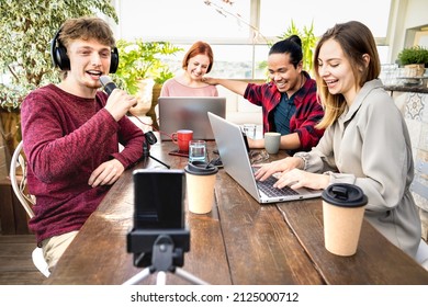 Young Friends Sharing Content On Streaming Platform With Digital Web Cam - Modern Tech Life Concept With Next Gen People Having Fun Vlogging Live Feeds Interview On Air Social Media Networks