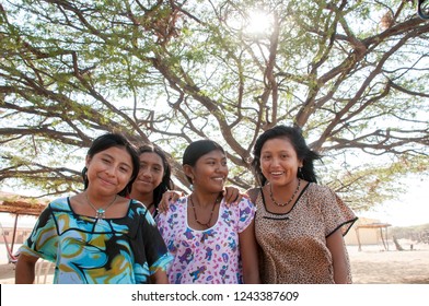 Young Friends Women Of The Wayuu People In The Desert Of La Guajira. Indigenous Community Of Very Strong Traditions And Culture. La Guajira Colombia. February 15, 2010.