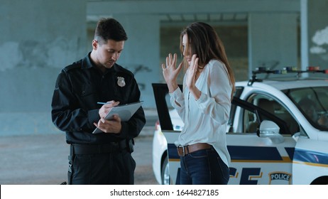 Young Frightened Woman Talk With Policeman About An Incident Arrest Criminal Enforcement Burglar Man Officer Black Bad Robbery Business Busted Illegal Slow Motion