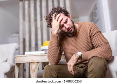 Young Frustrated Man Suffering From Chronic Daily Headaches, Treatment Online, Appointing To A Medical Consultation, Electromagnetic Radiation, Sick Pay