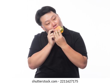 Young Funny Fat Asian Man Eating Hamburger Isolated On White Background, Unhealthy Concept.