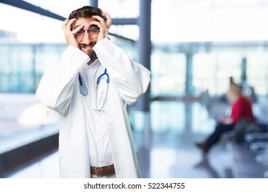 Young Funny Man Scared. Doctor Concept