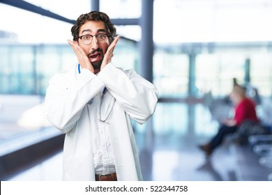 Young Funny Man Scared. Doctor Concept