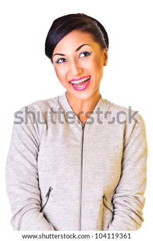 young funny woman cheerfully and positively laughing. happy emotions. face close up. isolated on a white background