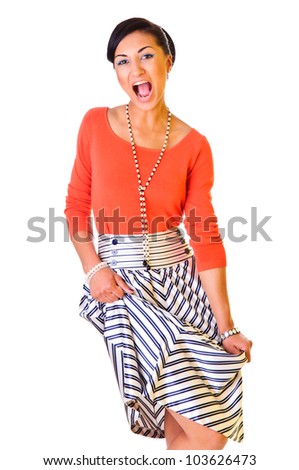 a young funny woman in a long skirt. style of the '60s. isolated on a white background