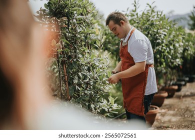 A young gardener with Down syndrome carefully tends to plants in a sunny garden, showcasing his dedication and love for gardening amidst lush greenery. - Powered by Shutterstock