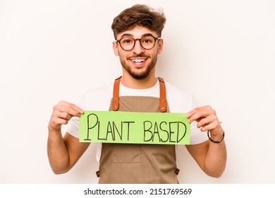 Young Gardener Man Holding Plant Based Placard Isolated On White Background