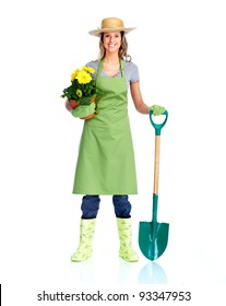 Young Gardener Woman. Isolated Over White Background.