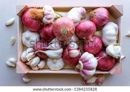 Young garlic and red onions in a vegetable box. Concept- organic vegetables, healthy food.