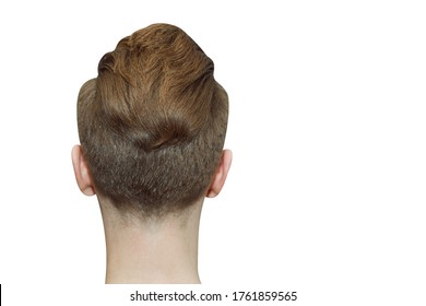 Young Ginger Man With Pompadour Haircut, Real Photo Hair For Barbershop Old Fashioned, Back Isolated.