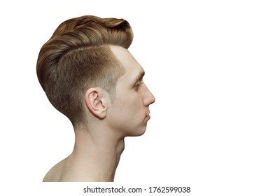 Young Ginger Man With Pompadour Haircut, Real Photo Hair For Barbershop Old Fashioned, Isolated.