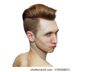 Young Ginger Man With Pompadour Haircut, Real Photo Hair For Barbershop Old Fashioned, Isolated.