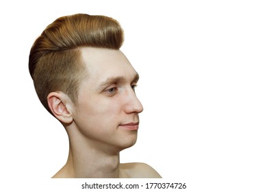 Young Ginger Man With Pompadour Haircut, Real Photo Hair For Barbershop Old Fashioned, Isolated.