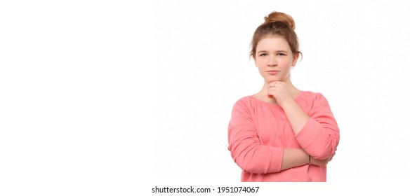 Young Girl 12-14 Years Old Over Isolated Background Looking Confident At The Camera With Smile With Crossed Arms And Hand Raised On Chin. Thinking Positive