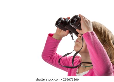 Young Girl With Binoculars Looking Up At Copy Space.  Isolated On White Background.