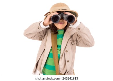 Young Girl With Binoculars Playing Safari Isolated In White