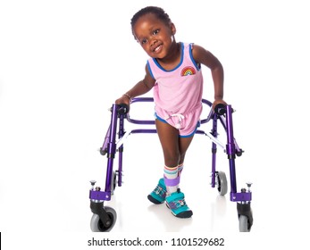 Young girl with cerebral palsy on white background