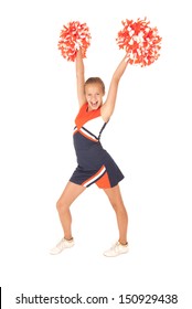 Young Girl Cheerleading With Orange Pompoms