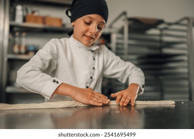 The young girl chef with a black headscarf is intently focused on working with dough on the stainless steel table in a professional kitchen, demonstrating dedication and skill in culinary arts. - Powered by Shutterstock