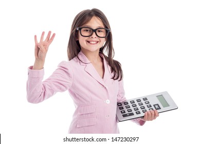 Young girl counting a calculator and holding up four fingers. Isolated on white background.