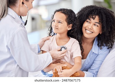 Young girl, doctor and mother with stethoscope, hospital or clinic for health, medical and screening test. Pediatrician, child and heart beat in routine check up for growth, development and vaccine - Powered by Shutterstock