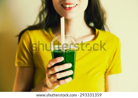 Similar – Image, Stock Photo Woman with sunglasses drinking green vegetable smoothie outdoors