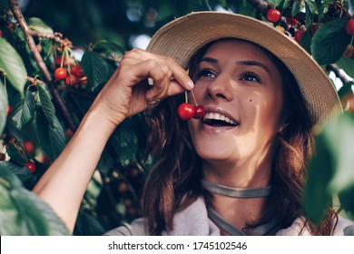 A young girl eats sweet cherries in the garden. Portrait of a beautiful girl in a cherry garden. Summer fruit picking season. Natural vitamins. - Powered by Shutterstock