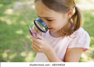 Young girl examining a butterfly with magnifying glass at the park