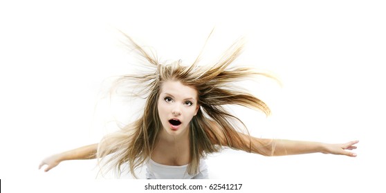 Young Girl Falling Down, Isolated Over White