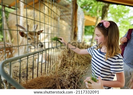 Young girl feeding wild deers at a zoo on summer day. Children watching reindeers on a farm. Kids having fun at zoological garden.